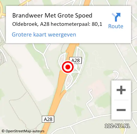 Locatie op kaart van de 112 melding: Brandweer Met Grote Spoed Naar Oldebroek, A28 hectometerpaal: 80,1 op 13 januari 2023 18:26