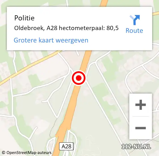 Locatie op kaart van de 112 melding: Politie Oldebroek, A28 hectometerpaal: 80,5 op 13 januari 2023 18:30