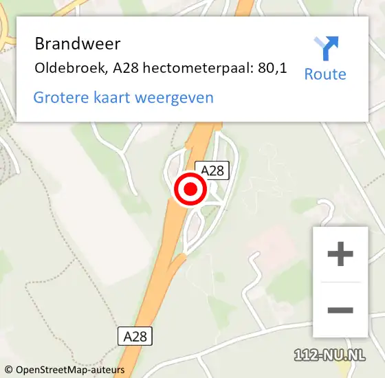 Locatie op kaart van de 112 melding: Brandweer Oldebroek, A28 hectometerpaal: 80,1 op 13 januari 2023 18:30