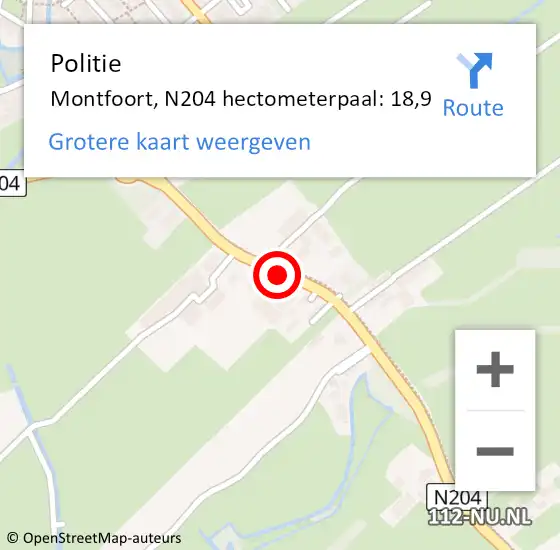 Locatie op kaart van de 112 melding: Politie Montfoort, N204 hectometerpaal: 18,9 op 13 januari 2023 19:45