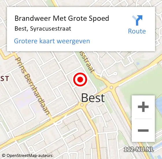 Locatie op kaart van de 112 melding: Brandweer Met Grote Spoed Naar Best, Syracusestraat op 14 januari 2023 02:22