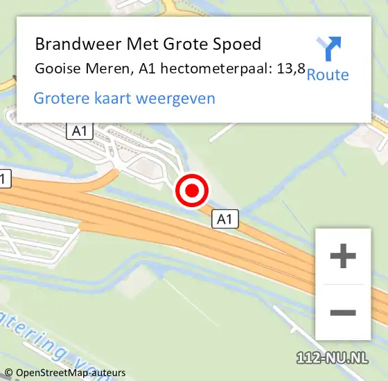 Locatie op kaart van de 112 melding: Brandweer Met Grote Spoed Naar Gooise Meren, A1 hectometerpaal: 13,8 op 14 januari 2023 02:38