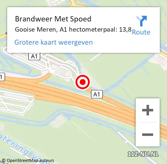 Locatie op kaart van de 112 melding: Brandweer Met Spoed Naar Gooise Meren, A1 hectometerpaal: 13,8 op 14 januari 2023 02:56