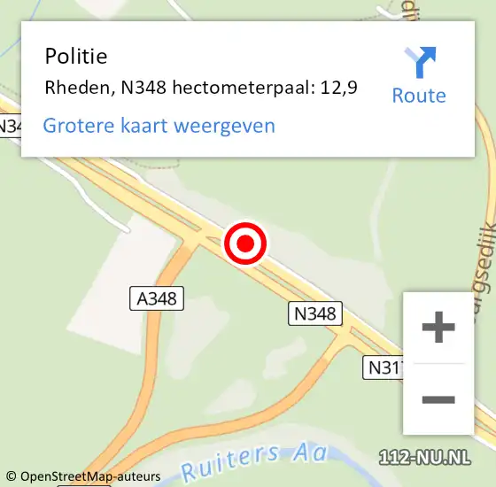 Locatie op kaart van de 112 melding: Politie Rheden, N348 hectometerpaal: 12,9 op 14 januari 2023 10:25