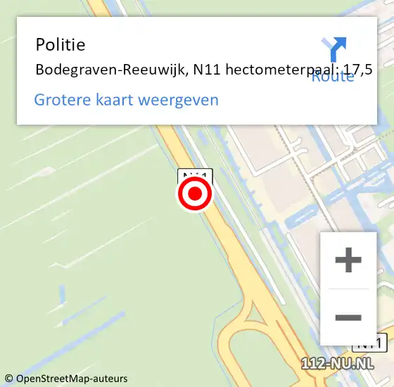 Locatie op kaart van de 112 melding: Politie Bodegraven-Reeuwijk, N11 hectometerpaal: 17,5 op 14 januari 2023 11:30