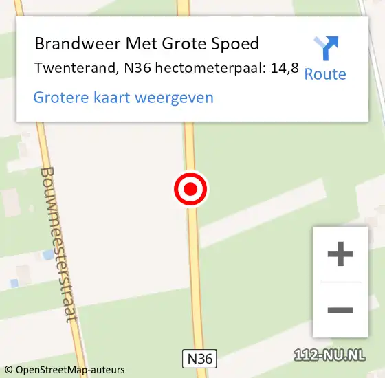 Locatie op kaart van de 112 melding: Brandweer Met Grote Spoed Naar Twenterand, N36 hectometerpaal: 14,8 op 14 januari 2023 16:14