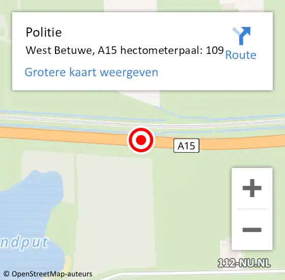 Locatie op kaart van de 112 melding: Politie West Betuwe, A15 hectometerpaal: 109 op 14 januari 2023 16:39