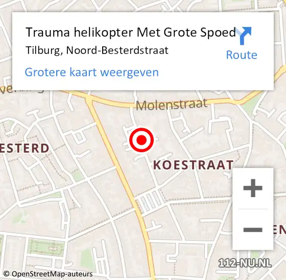 Locatie op kaart van de 112 melding: Trauma helikopter Met Grote Spoed Naar Tilburg, Noord-Besterdstraat op 14 januari 2023 17:49