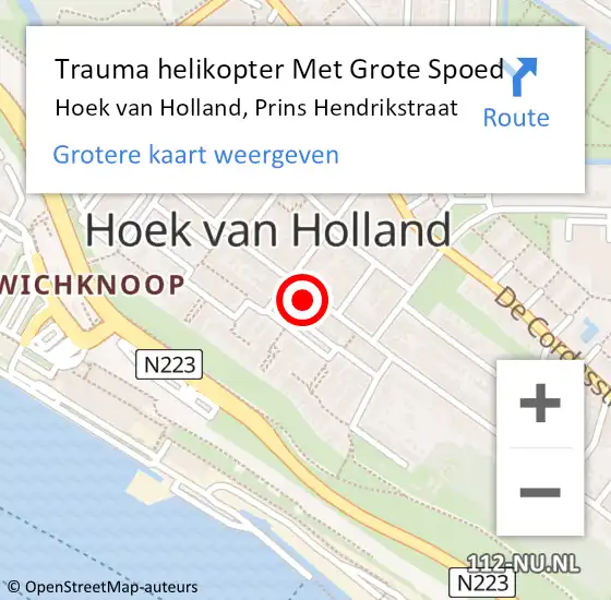 Locatie op kaart van de 112 melding: Trauma helikopter Met Grote Spoed Naar Hoek van Holland, Prins Hendrikstraat op 14 januari 2023 19:08