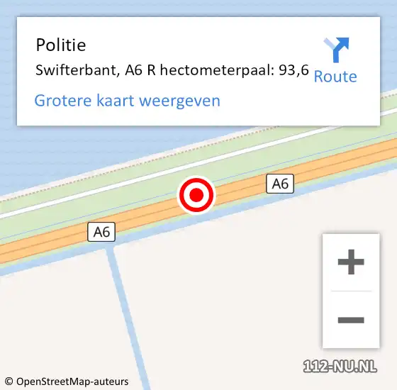 Locatie op kaart van de 112 melding: Politie Swifterbant, A6 R hectometerpaal: 96,8 op 12 augustus 2014 09:00