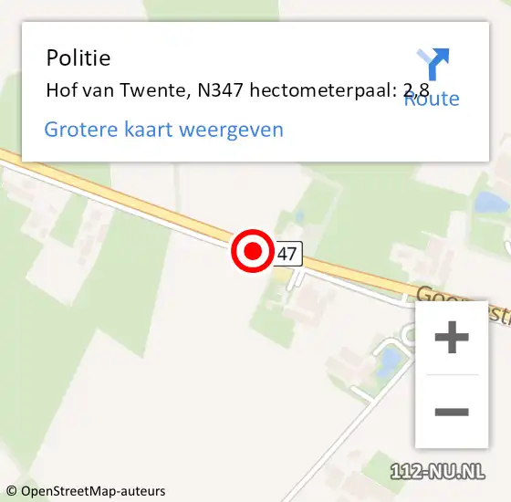 Locatie op kaart van de 112 melding: Politie Hof van Twente, N347 hectometerpaal: 2,8 op 15 januari 2023 02:56