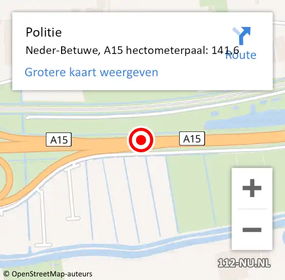 Locatie op kaart van de 112 melding: Politie Neder-Betuwe, A15 hectometerpaal: 141,6 op 15 januari 2023 05:44