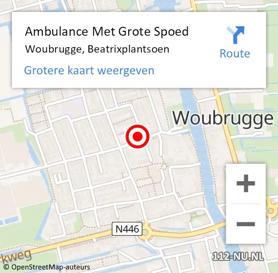 Locatie op kaart van de 112 melding: Ambulance Met Grote Spoed Naar Woubrugge, Beatrixplantsoen op 15 januari 2023 05:52