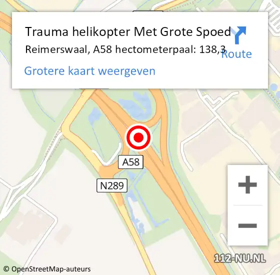Locatie op kaart van de 112 melding: Trauma helikopter Met Grote Spoed Naar Reimerswaal, A58 hectometerpaal: 138,3 op 15 januari 2023 06:12
