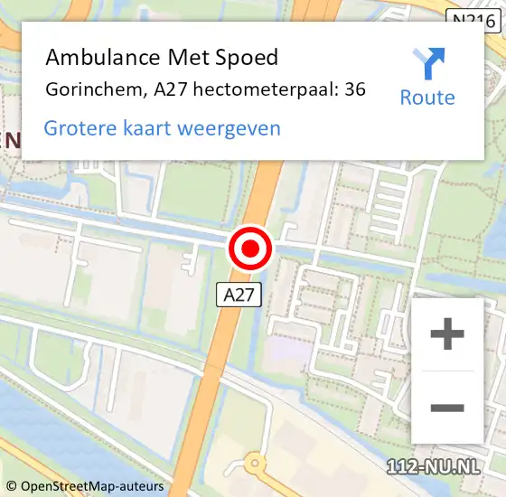 Locatie op kaart van de 112 melding: Ambulance Met Spoed Naar Gorinchem, A27 hectometerpaal: 36 op 15 januari 2023 10:39