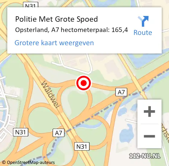 Locatie op kaart van de 112 melding: Politie Met Grote Spoed Naar Opsterland, A7 hectometerpaal: 165,4 op 15 januari 2023 11:41