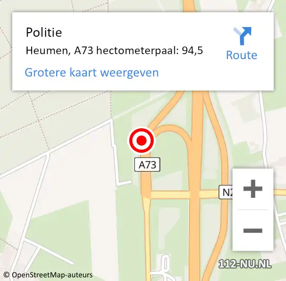 Locatie op kaart van de 112 melding: Politie Heumen, A73 hectometerpaal: 94,5 op 15 januari 2023 18:54