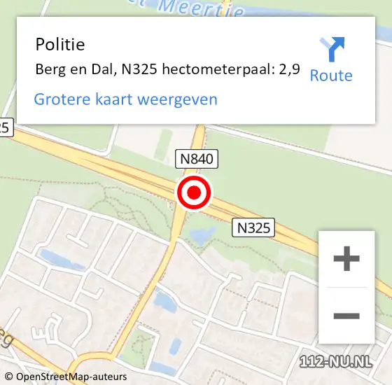 Locatie op kaart van de 112 melding: Politie Berg en Dal, N325 hectometerpaal: 2,9 op 15 januari 2023 19:36