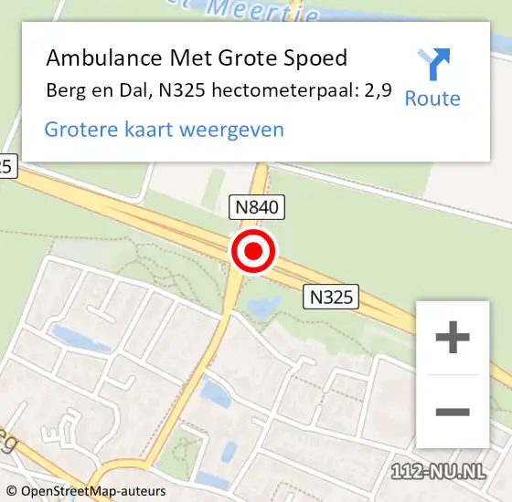 Locatie op kaart van de 112 melding: Ambulance Met Grote Spoed Naar Berg en Dal, N325 hectometerpaal: 2,9 op 15 januari 2023 19:38