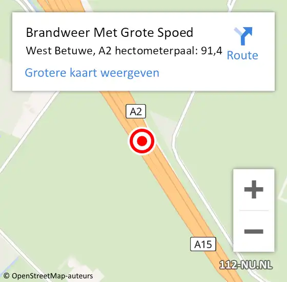 Locatie op kaart van de 112 melding: Brandweer Met Grote Spoed Naar West Betuwe, A2 hectometerpaal: 91,4 op 15 januari 2023 19:52