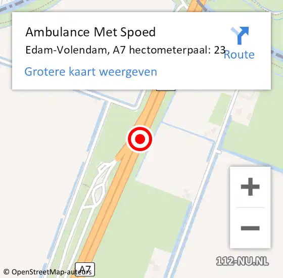 Locatie op kaart van de 112 melding: Ambulance Met Spoed Naar Edam-Volendam, A7 hectometerpaal: 23 op 15 januari 2023 21:10