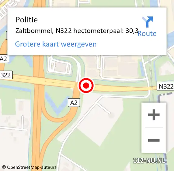 Locatie op kaart van de 112 melding: Politie Zaltbommel, N322 hectometerpaal: 30,3 op 16 januari 2023 01:11