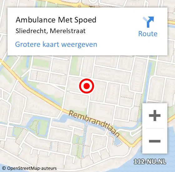 Locatie op kaart van de 112 melding: Ambulance Met Spoed Naar Sliedrecht, Merelstraat op 16 januari 2023 06:30