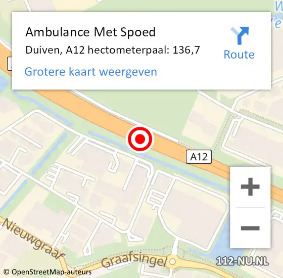 Locatie op kaart van de 112 melding: Ambulance Met Spoed Naar Duiven, A12 hectometerpaal: 136,7 op 16 januari 2023 06:42