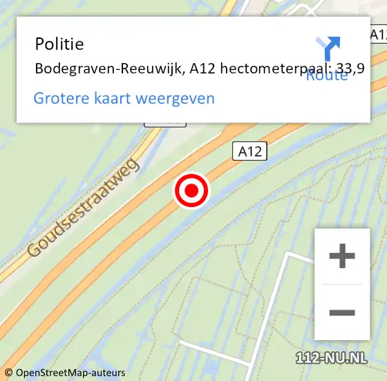 Locatie op kaart van de 112 melding: Politie Bodegraven-Reeuwijk, A12 hectometerpaal: 33,9 op 16 januari 2023 08:20