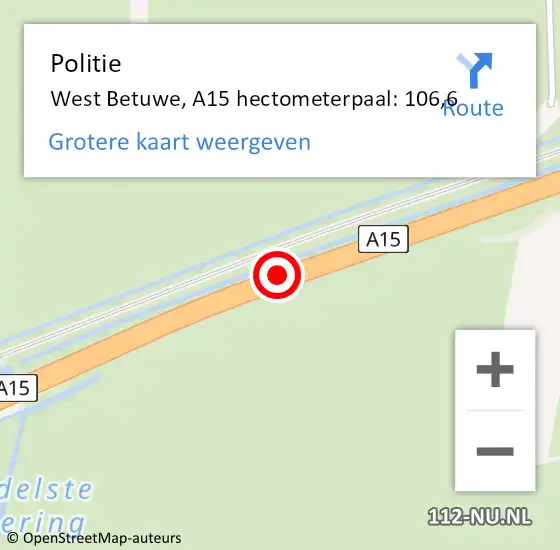 Locatie op kaart van de 112 melding: Politie West Betuwe, A15 hectometerpaal: 106,6 op 16 januari 2023 08:22
