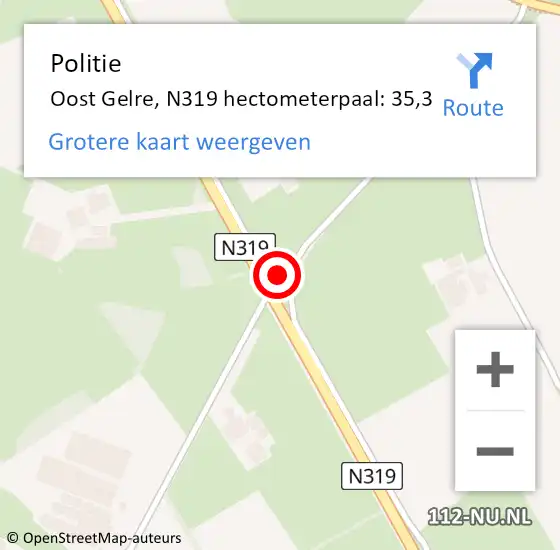 Locatie op kaart van de 112 melding: Politie Oost Gelre, N319 hectometerpaal: 35,3 op 16 januari 2023 13:21