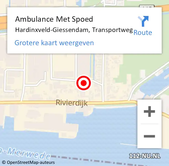 Locatie op kaart van de 112 melding: Ambulance Met Spoed Naar Hardinxveld-Giessendam, Transportweg op 16 januari 2023 13:49