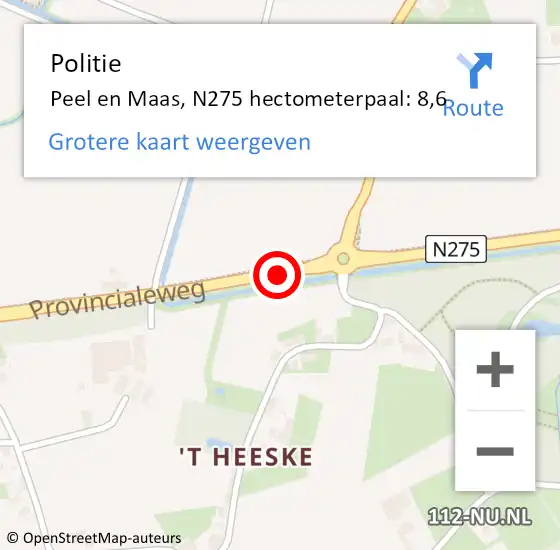 Locatie op kaart van de 112 melding: Politie Peel en Maas, N275 hectometerpaal: 8,6 op 16 januari 2023 14:31