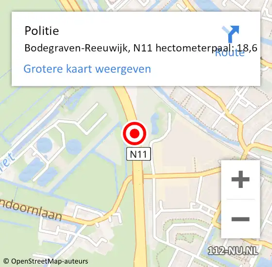 Locatie op kaart van de 112 melding: Politie Bodegraven-Reeuwijk, N11 hectometerpaal: 18,6 op 16 januari 2023 16:44
