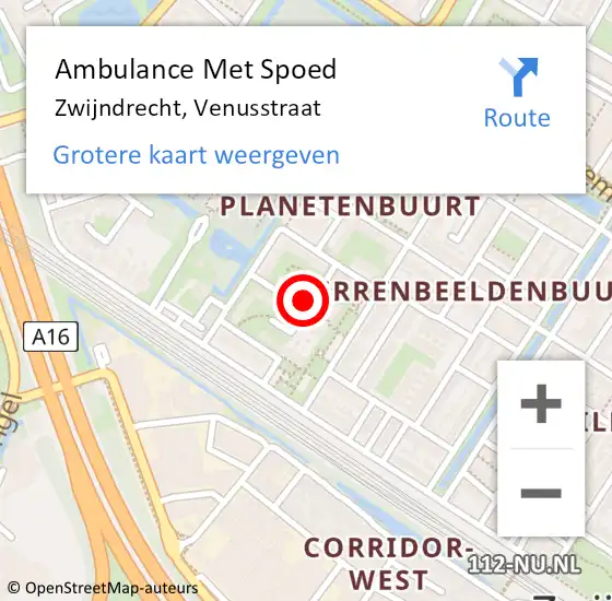 Locatie op kaart van de 112 melding: Ambulance Met Spoed Naar Zwijndrecht, Venusstraat op 16 januari 2023 16:54