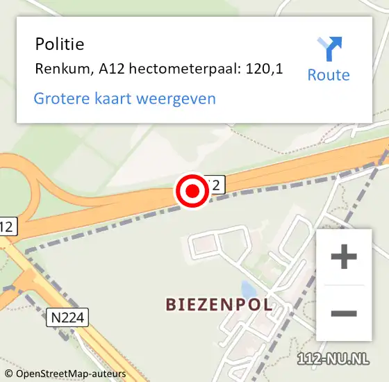 Locatie op kaart van de 112 melding: Politie Renkum, A12 hectometerpaal: 120,1 op 16 januari 2023 17:32