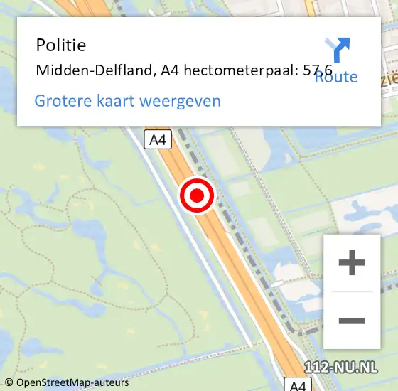 Locatie op kaart van de 112 melding: Politie Midden-Delfland, A4 hectometerpaal: 57,6 op 16 januari 2023 17:32