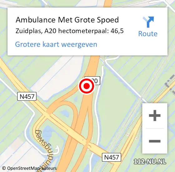 Locatie op kaart van de 112 melding: Ambulance Met Grote Spoed Naar Zuidplas, A20 hectometerpaal: 46,5 op 16 januari 2023 18:46