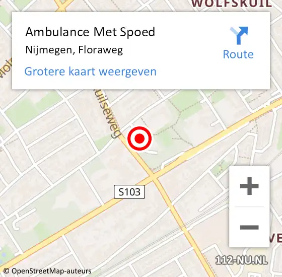 Locatie op kaart van de 112 melding: Ambulance Met Spoed Naar Nijmegen, Floraweg op 16 januari 2023 19:14