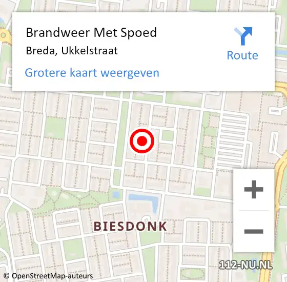 Locatie op kaart van de 112 melding: Brandweer Met Spoed Naar Breda, Ukkelstraat op 16 januari 2023 22:00