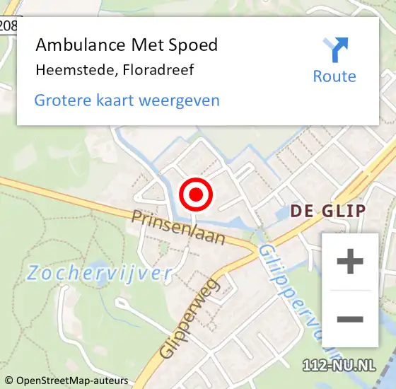 Locatie op kaart van de 112 melding: Ambulance Met Spoed Naar Heemstede, Floradreef op 16 januari 2023 22:13