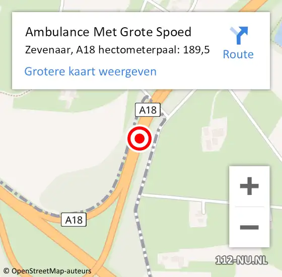 Locatie op kaart van de 112 melding: Ambulance Met Grote Spoed Naar Zevenaar, A18 hectometerpaal: 189,5 op 17 januari 2023 00:51