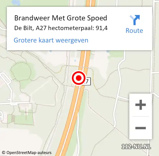 Locatie op kaart van de 112 melding: Brandweer Met Grote Spoed Naar De Bilt, A27 hectometerpaal: 91,4 op 17 januari 2023 01:01