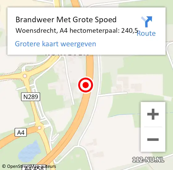 Locatie op kaart van de 112 melding: Brandweer Met Grote Spoed Naar Woensdrecht, A4 hectometerpaal: 240,5 op 17 januari 2023 06:56