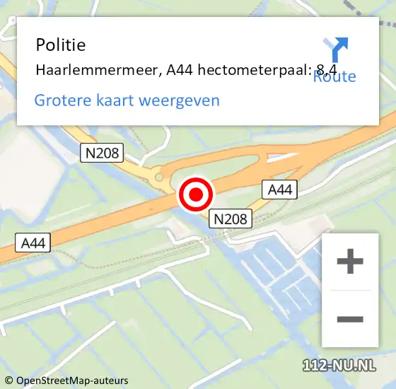 Locatie op kaart van de 112 melding: Politie Haarlemmermeer, A44 hectometerpaal: 8,4 op 17 januari 2023 07:30