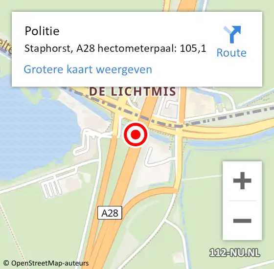 Locatie op kaart van de 112 melding: Politie Staphorst, A28 hectometerpaal: 105,1 op 17 januari 2023 08:13