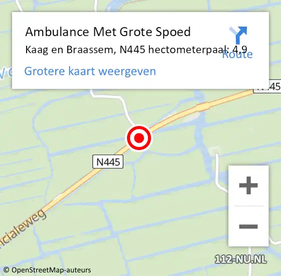 Locatie op kaart van de 112 melding: Ambulance Met Grote Spoed Naar Kaag en Braassem, N445 hectometerpaal: 4,9 op 17 januari 2023 09:21