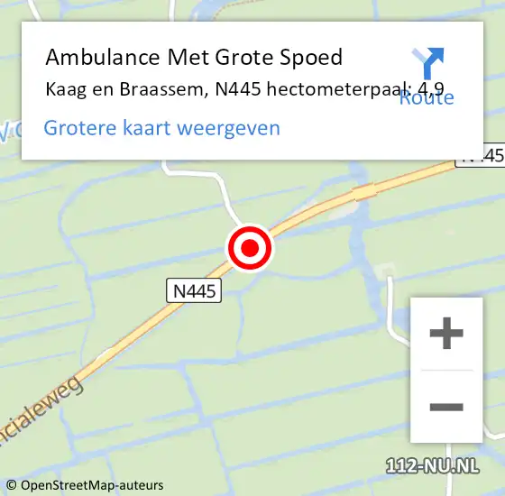 Locatie op kaart van de 112 melding: Ambulance Met Grote Spoed Naar Kaag en Braassem, N445 hectometerpaal: 4,9 op 17 januari 2023 09:24