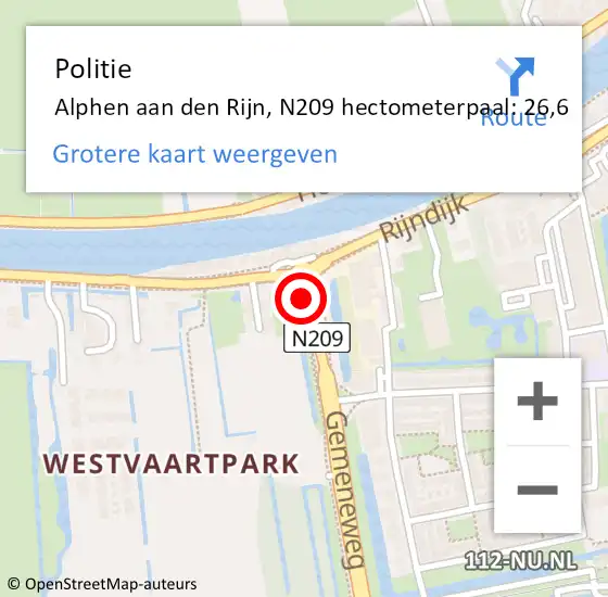 Locatie op kaart van de 112 melding: Politie Alphen aan den Rijn, N209 hectometerpaal: 26,6 op 17 januari 2023 11:40