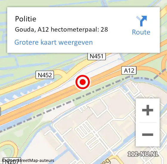 Locatie op kaart van de 112 melding: Politie Gouda, A12 hectometerpaal: 28 op 17 januari 2023 14:33